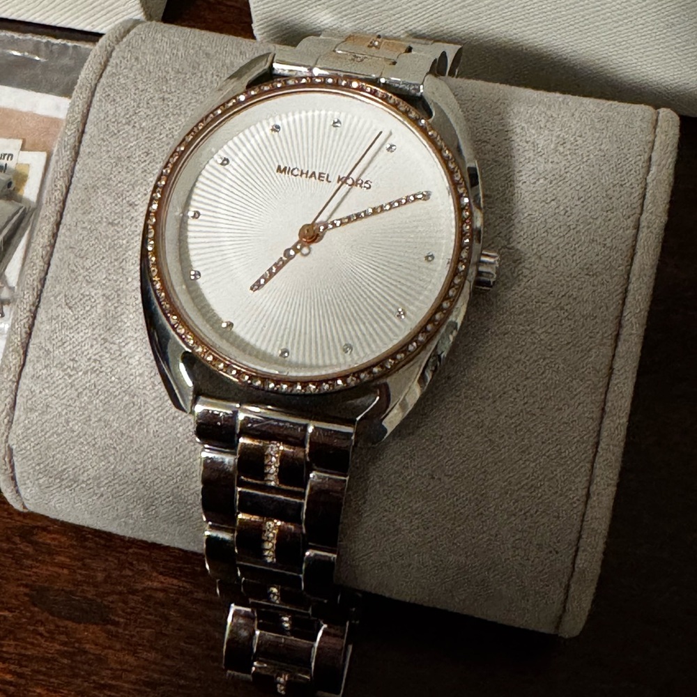 Michael Kors Silver and Rose Gold Crystal-Accent Ladies Watch
